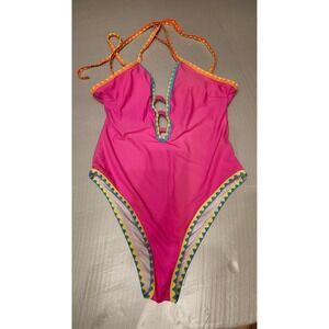 Popvil‎ One Piece Swimsuit Womens Large Tie Strappy Back Tummy Control Neon Pink